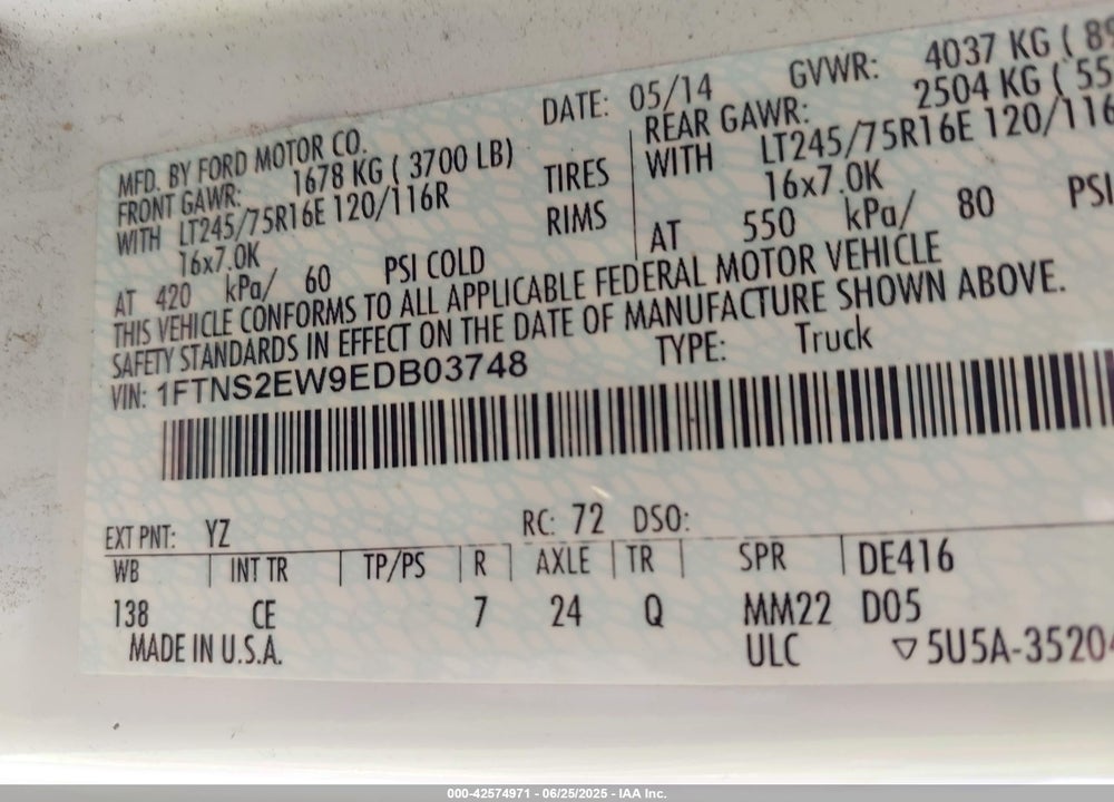 2014 FORD E-250 COMMERCIAL VIN: 1FTNS2EW9EDB03748