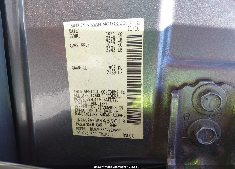 2011 NISSAN ALTIMA VIN: 1N4AL2AP5BN435613