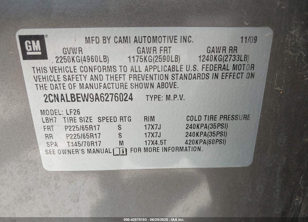 2010 CHEVROLET EQUINOX VIN: 2CNALBEW9A6276024