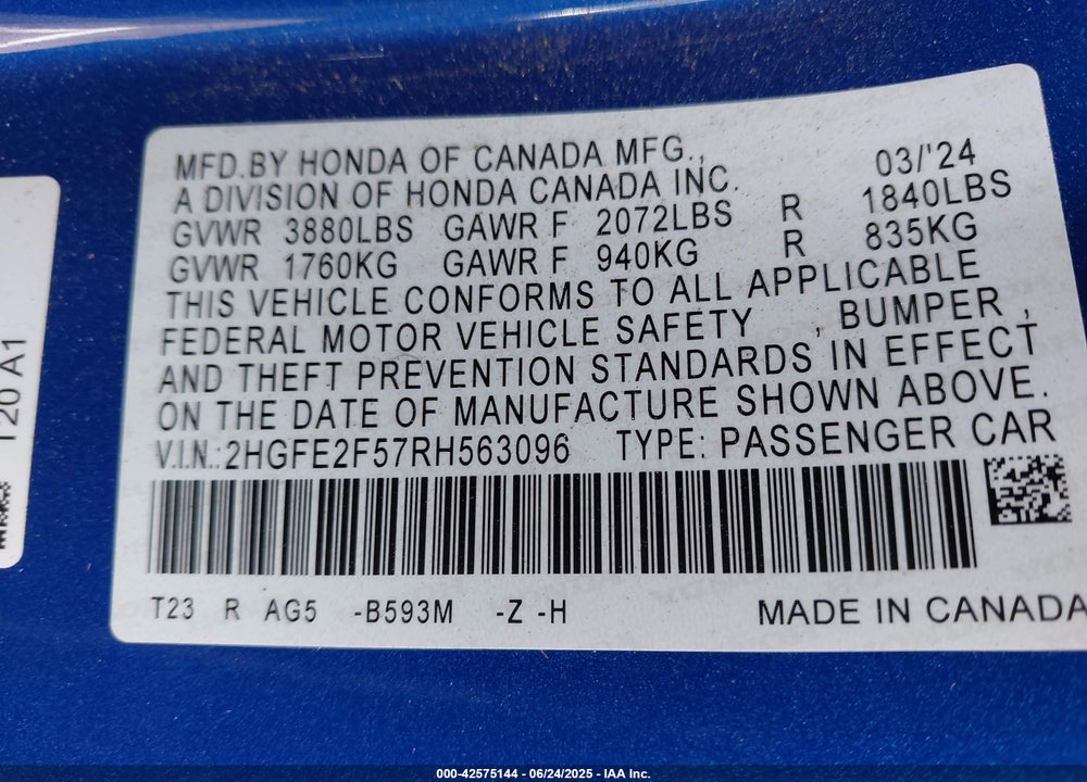 2024 HONDA CIVIC VIN: 2HGFE2F57RH563096