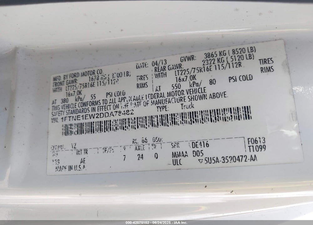 2013 FORD E-150 COMMERCIAL VIN: 1FTNE1EW2DDA78482
