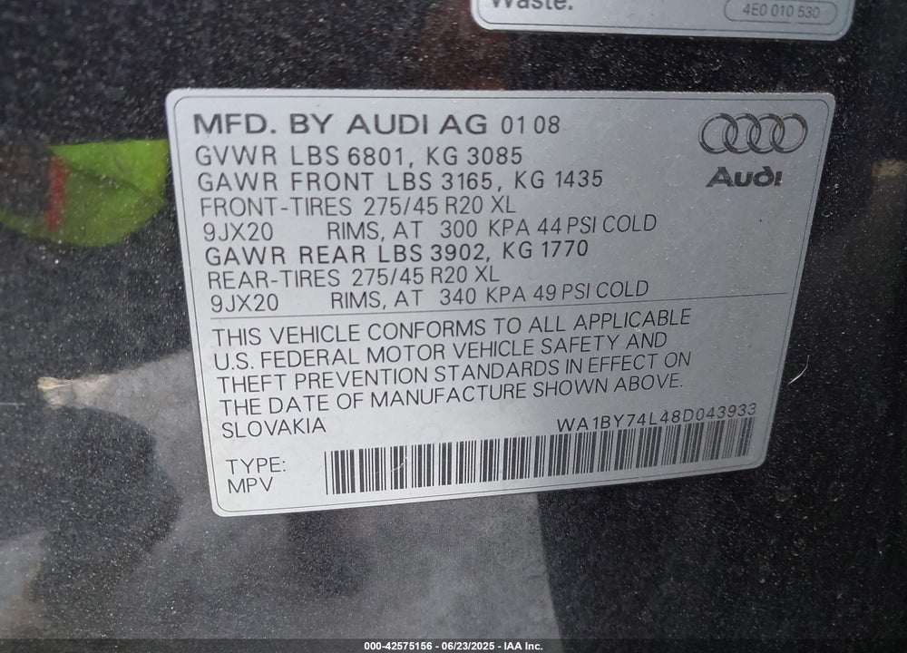 2008 AUDI Q7 VIN: WA1BY74L48D043933
