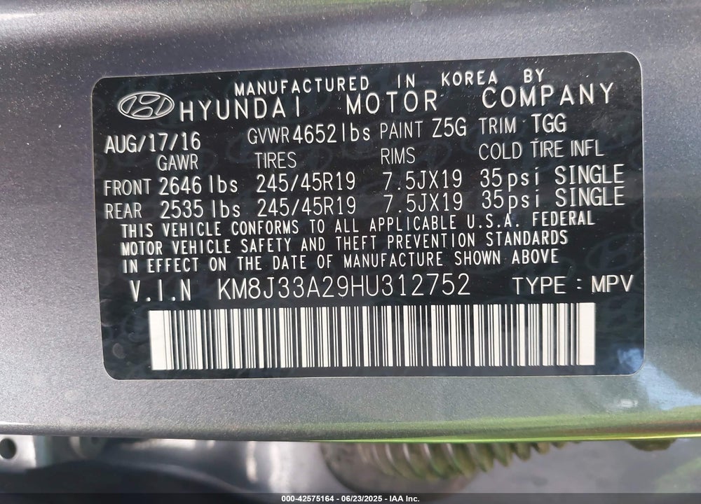 2017 HYUNDAI TUCSON SPORT VIN: KM8J33A29HU312752