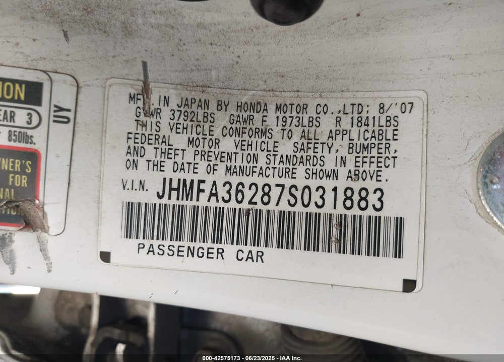 2007 HONDA CIVIC HYBRID VIN: JHMFA36287S031883