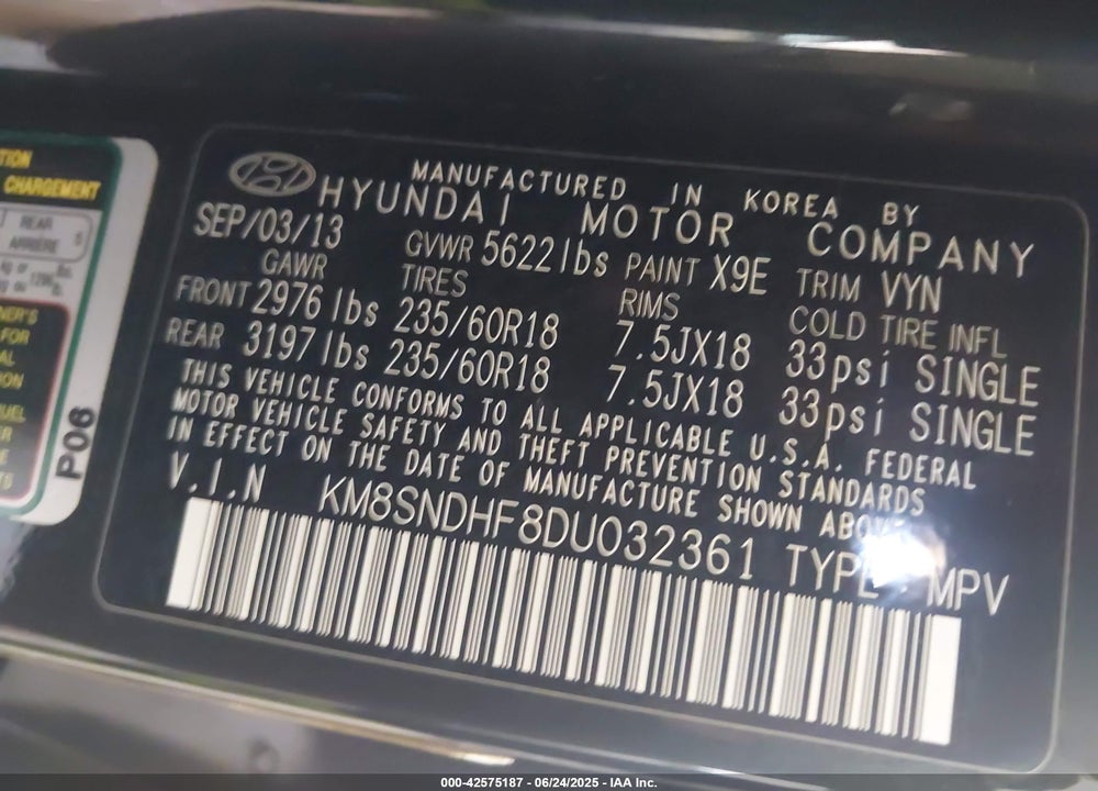 2013 HYUNDAI SANTA FE VIN: KM8SNDHF8DU032361