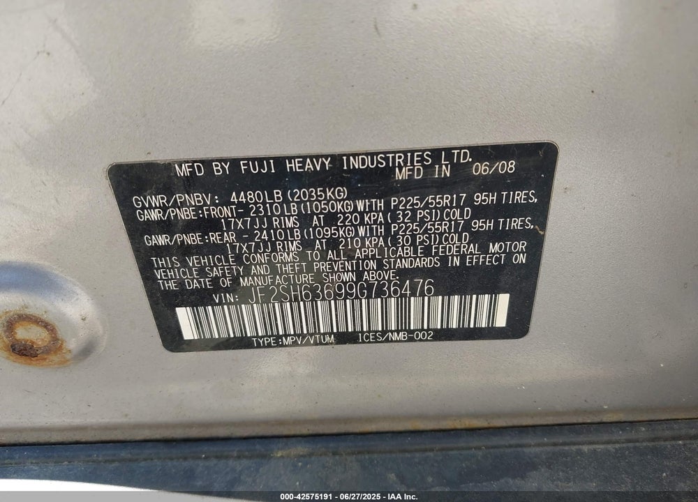 2009 SUBARU FORESTER VIN: JF2SH63699G736476