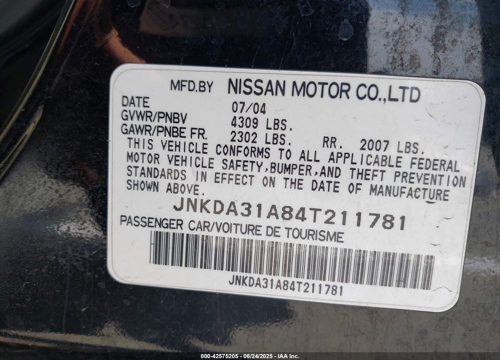 2004 INFINITI I35 VIN: JNKDA31A84T211781