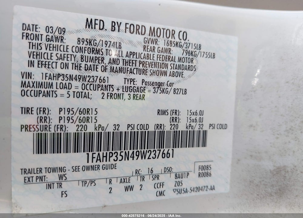 2009 FORD FOCUS SE VIN: 1FAHP35N49W237661