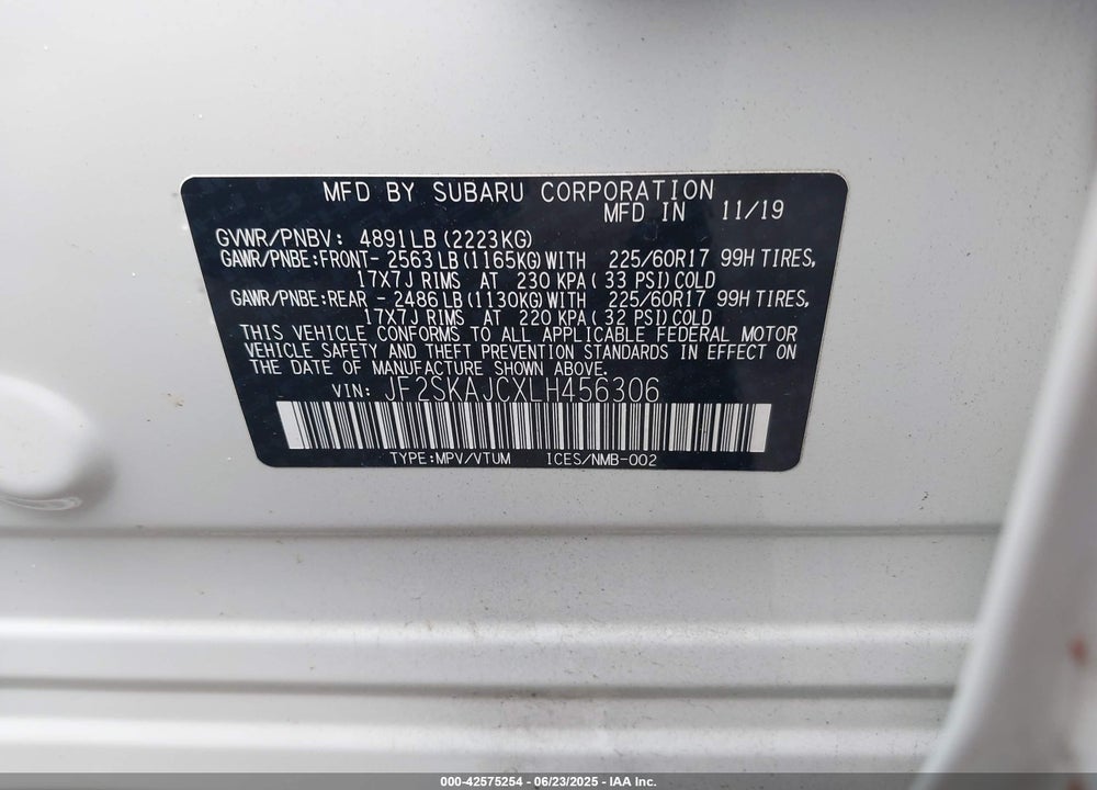 2020 SUBARU FORESTER VIN: JF2SKAJCXLH456306