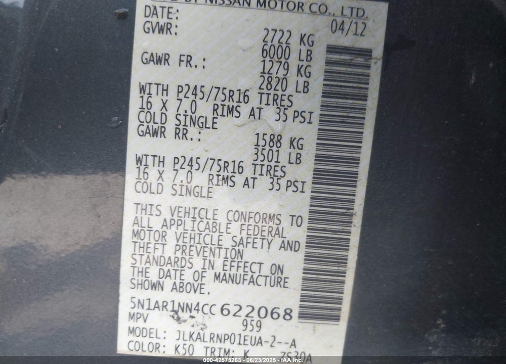 2012 NISSAN PATHFINDER VIN: 5N1AR1NN4CC622068