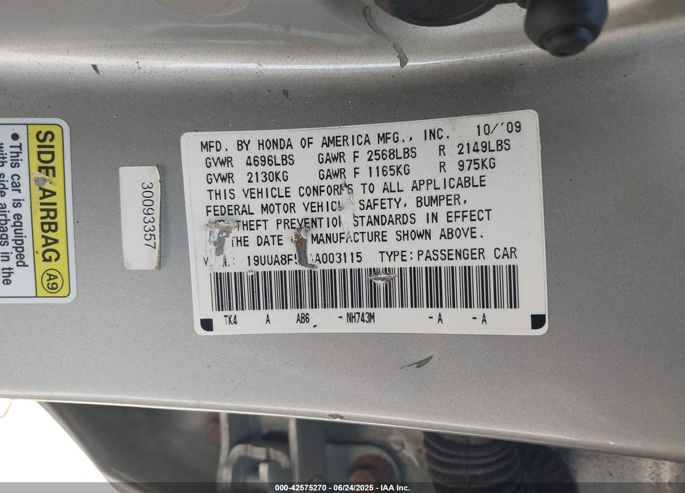 2010 ACURA TL VIN: 19UUA8F51AA003115