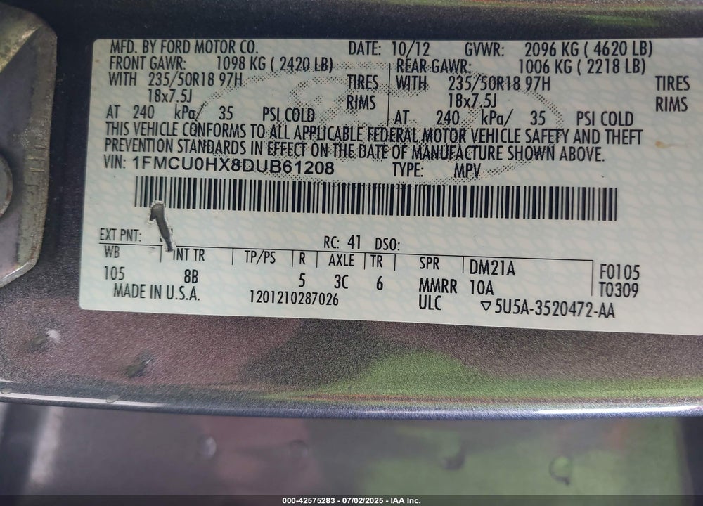 2013 FORD ESCAPE VIN: 1FMCU0HX8DUB61208