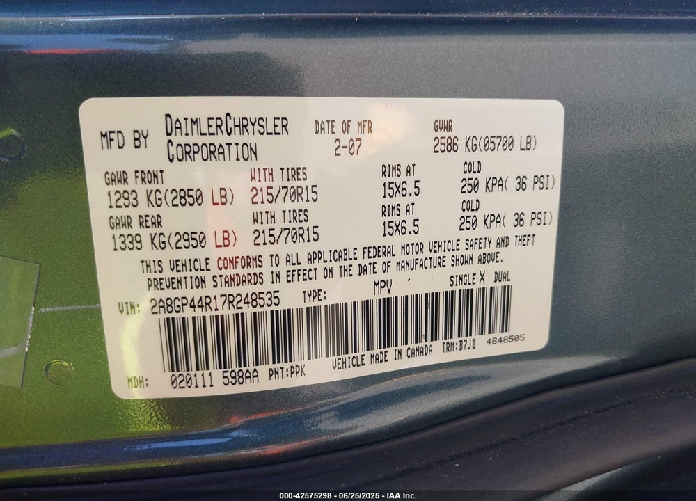 2007 CHRYSLER TOWN & COUNTRY LX VIN: 2A8GP44R17R248535