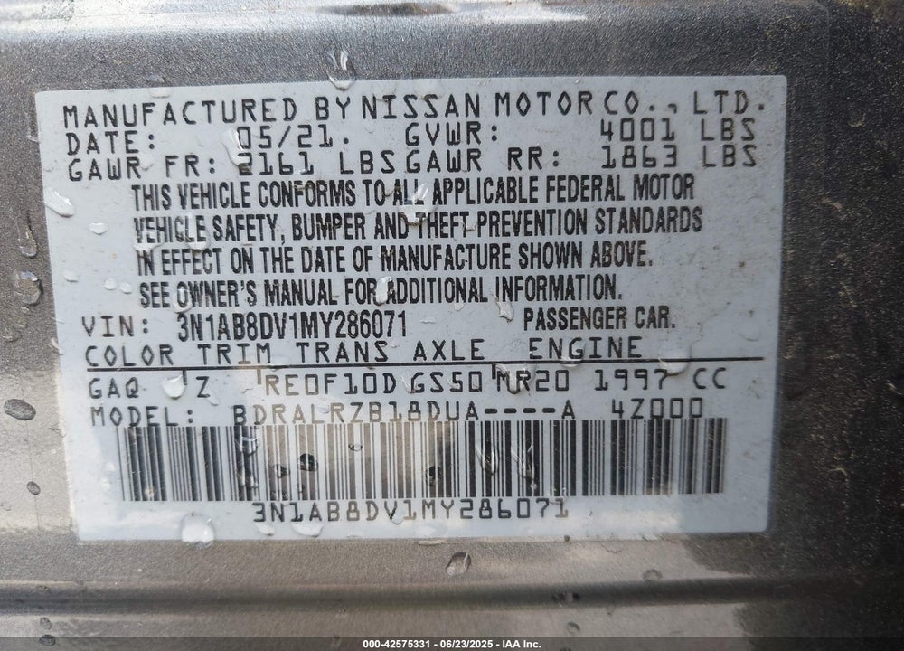 2021 NISSAN SENTRA VIN: 3N1AB8DV1MY286071