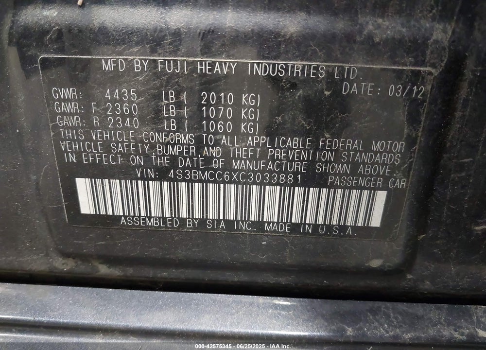 2012 SUBARU LEGACY VIN: 4S3BMCC6XC3033881