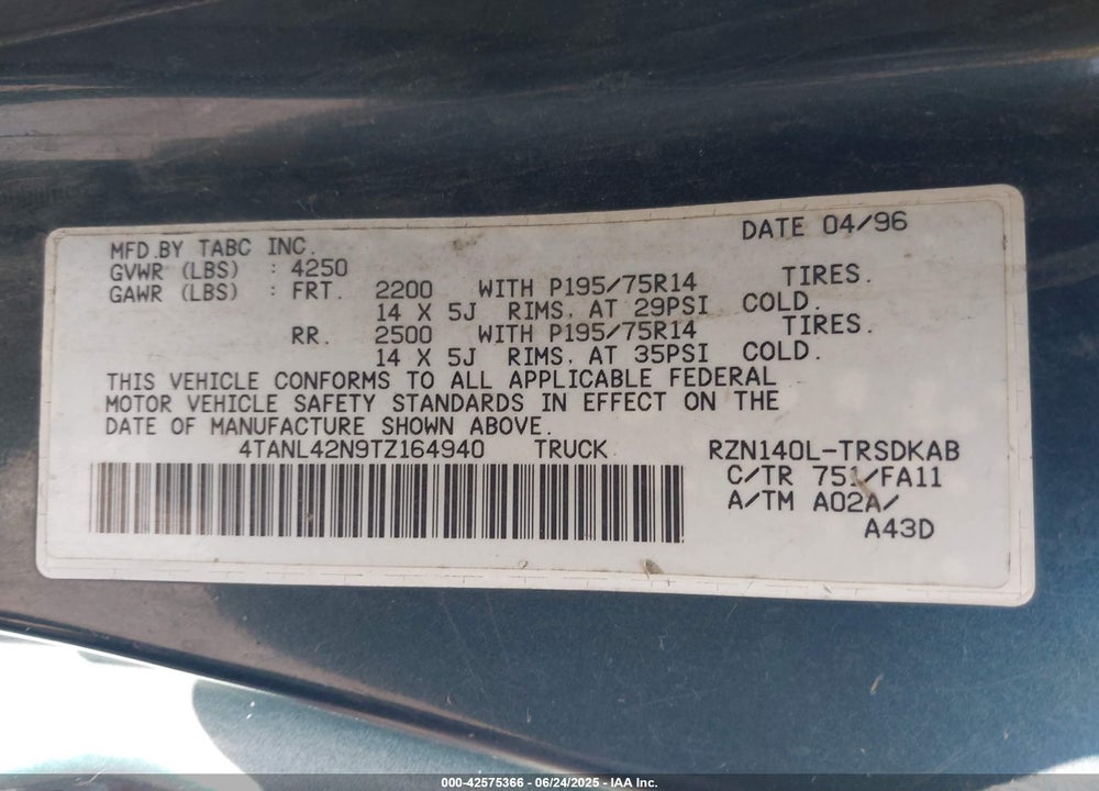 1996 TOYOTA TACOMA VIN: 4TANL42N9TZ164940