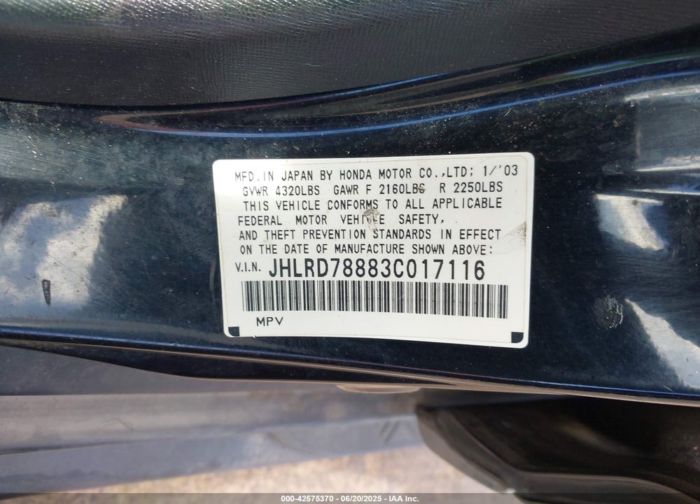 2003 HONDA CR-V EX VIN: JHLRD78883C017116