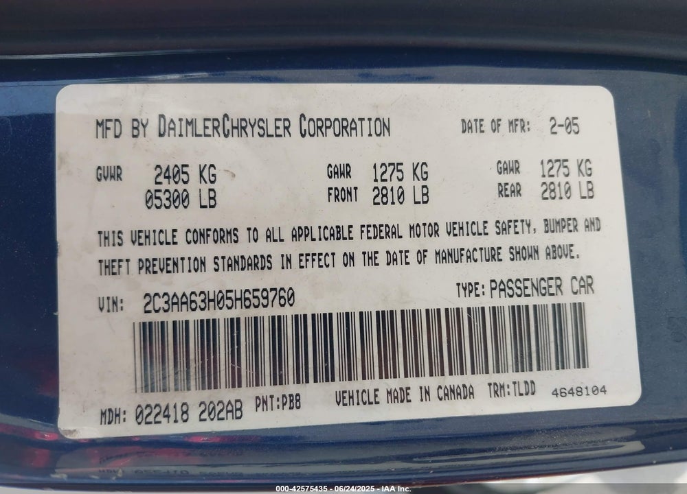 2005 CHRYSLER 300C VIN: 2C3AA63H05H659760