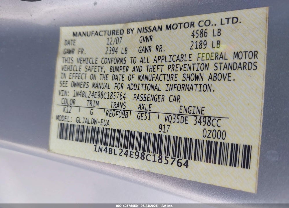 2008 NISSAN ALTIMA VIN: 1N4BL24E98C185764