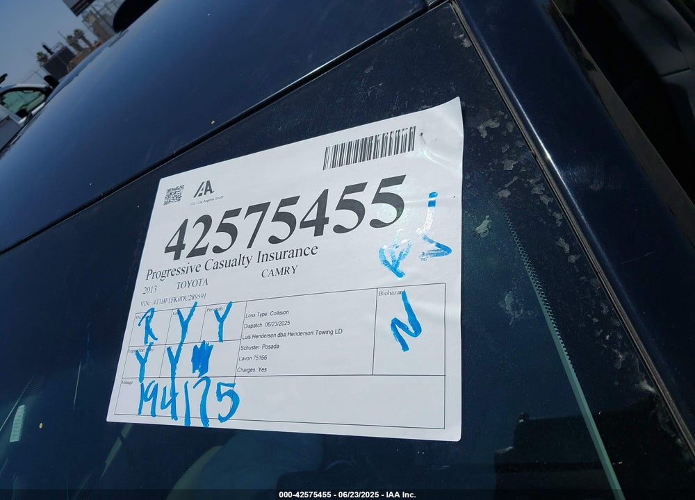 2013 TOYOTA CAMRY VIN: 4T1BF1FK0DU289591