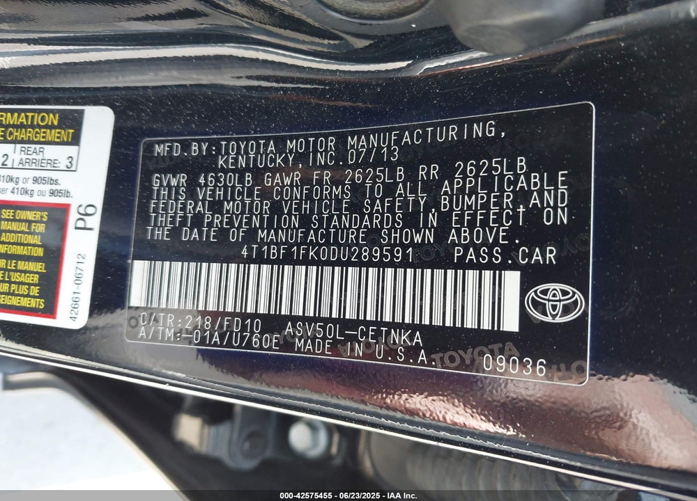 2013 TOYOTA CAMRY VIN: 4T1BF1FK0DU289591