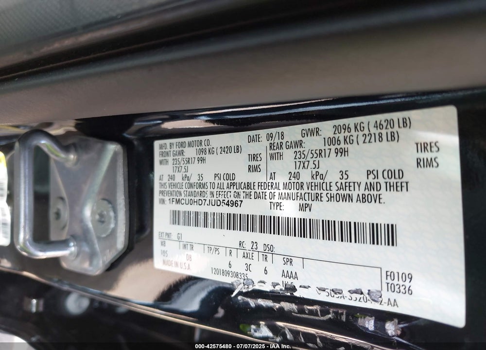 2018 FORD ESCAPE VIN: 1FMCU0HD7JUD54967