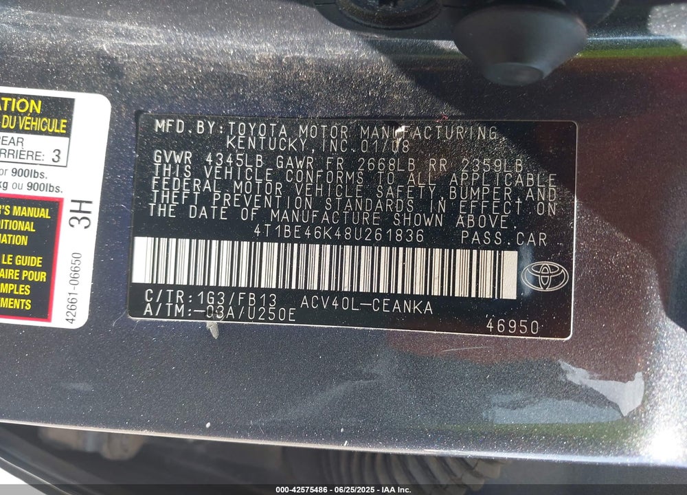 2008 TOYOTA CAMRY VIN: 4T1BE46K48U261836
