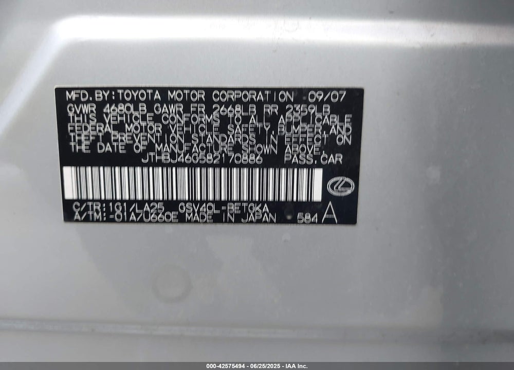 2008 LEXUS ES350 VIN: JTHBJ46G582170886
