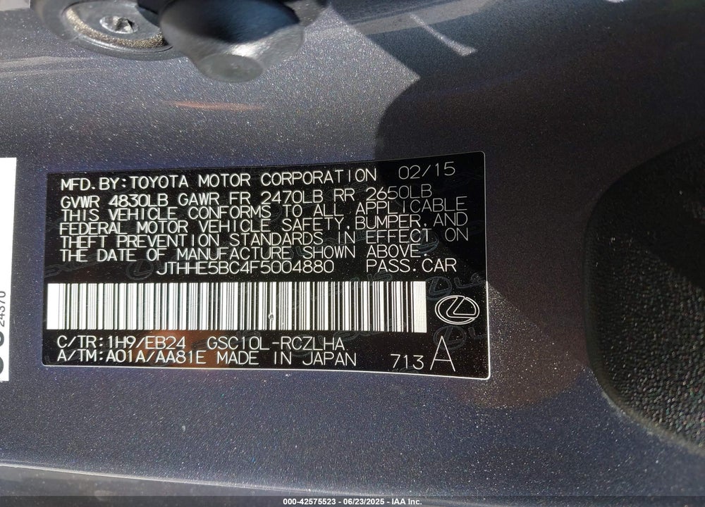 2015 LEXUS RC 350 VIN: JTHHE5BC4F5004880