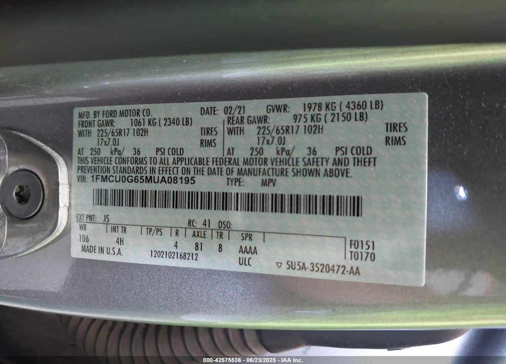 2021 FORD ESCAPE VIN: 1FMCU0G65MUA08195