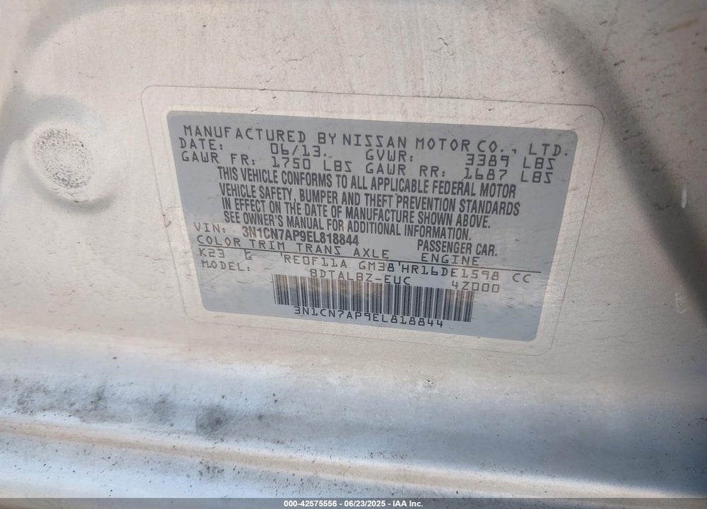 2014 NISSAN VERSA 1.6 SV VIN: 3N1CN7AP9EL818844