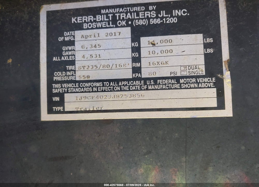 2017 TRAILER KERR GOOSENECK VIN: 1J9GF4023HB253856