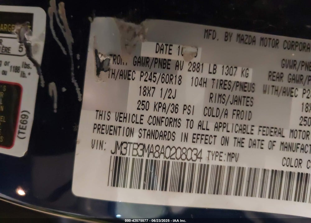 2010 MAZDA CX-9 VIN: JM3TB3MA8A0208034
