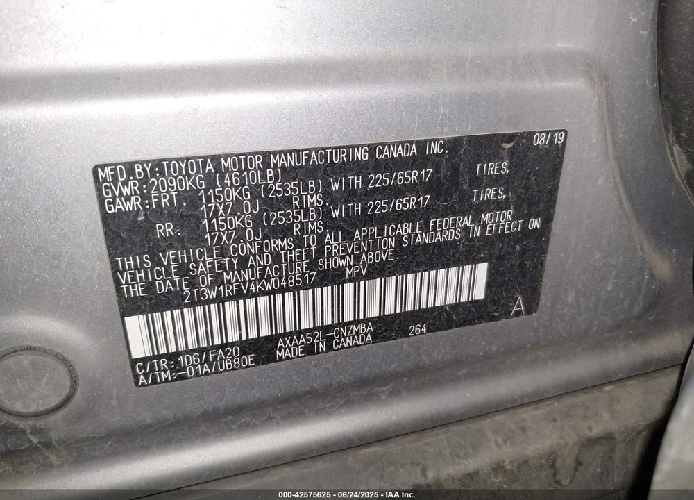 2019 TOYOTA RAV4 VIN: 2T3W1RFV4KW048517