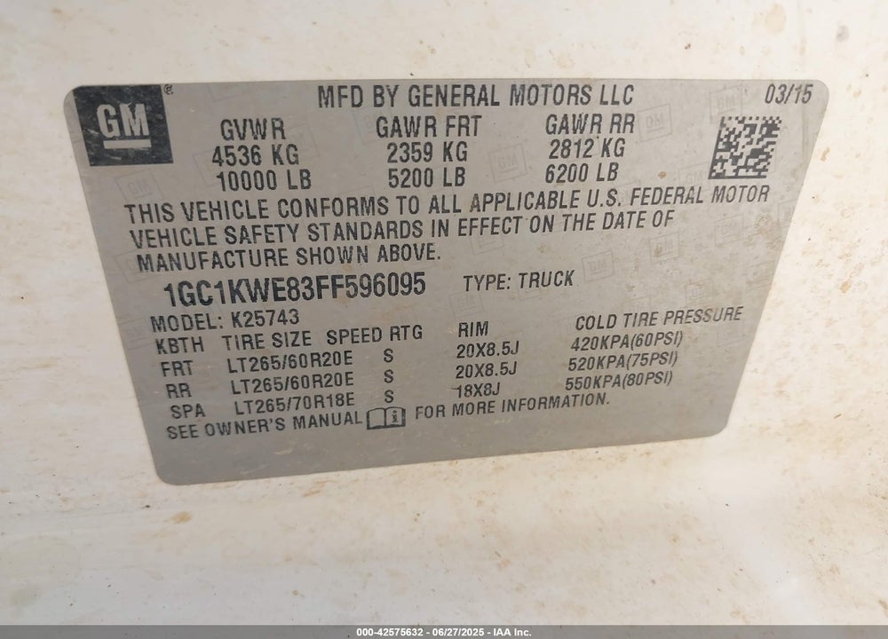 2015 CHEVROLET SILVERADO 2500HD VIN: 1GC1KWE83FF596095