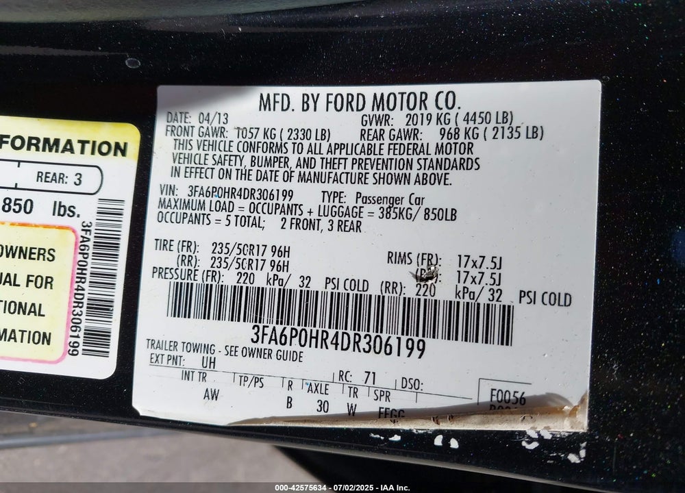 2013 FORD FUSION VIN: 3FA6P0HR4DR306199