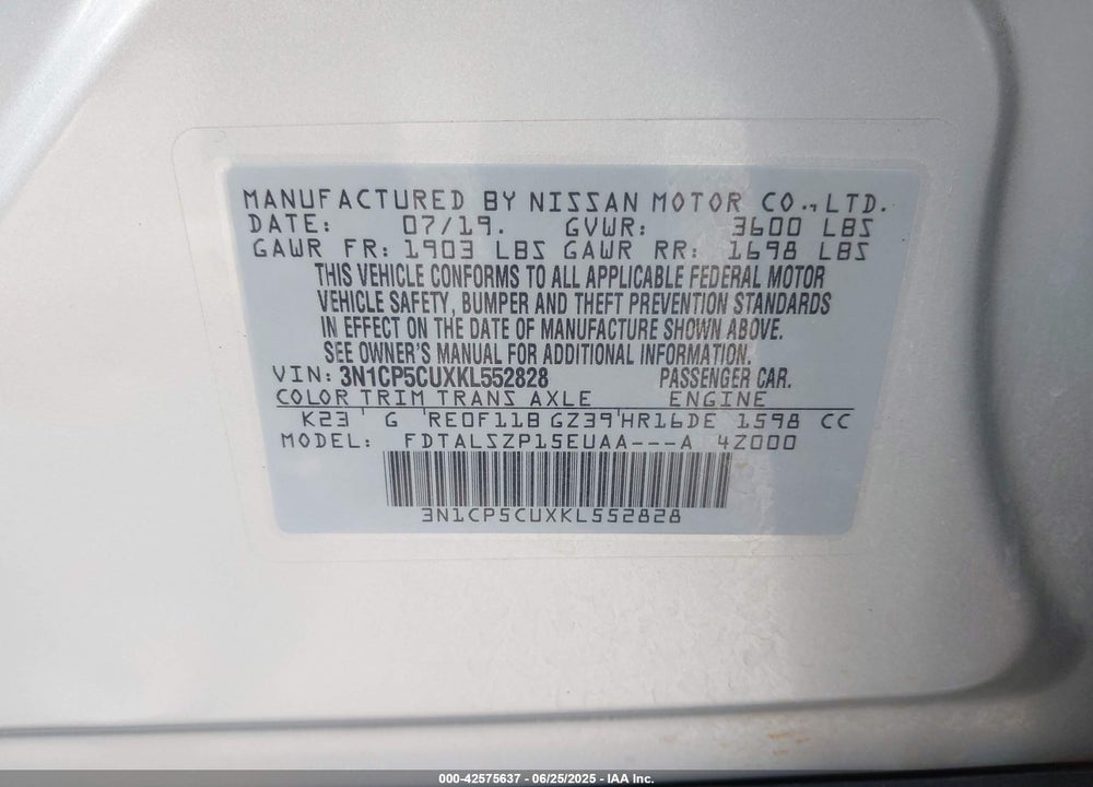 2019 NISSAN KICKS VIN: 3N1CP5CUXKL552828