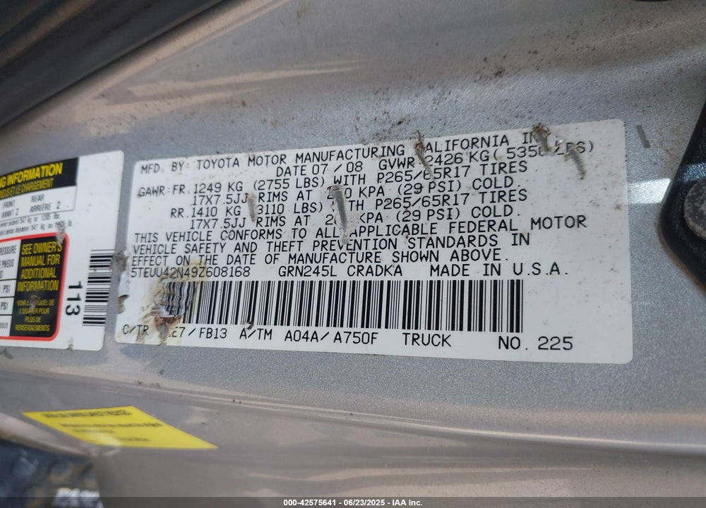2009 TOYOTA TACOMA BASE V6 VIN: 5TEUU42N49Z608168