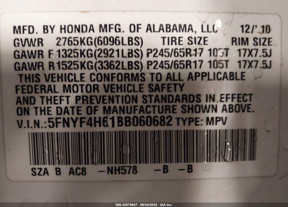 2011 HONDA PILOT VIN: 5FNYF4H61BB060682
