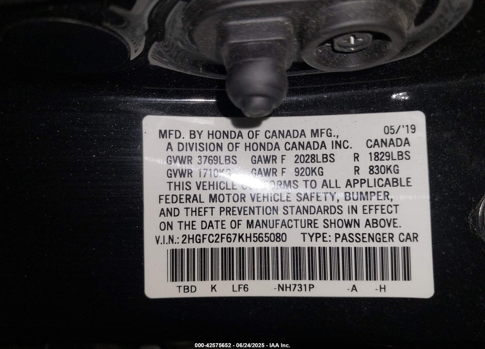 2019 HONDA CIVIC VIN: 2HGFC2F67KH565080