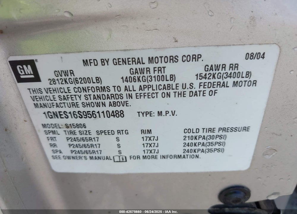 2005 CHEVROLET TRAILBLAZER EXT LS VIN: 1GNES16S956110488