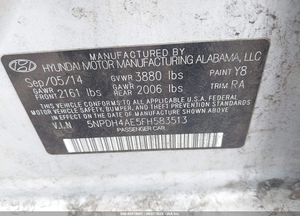 2015 HYUNDAI ELANTRA VIN: 5NPDH4AE5FH583513