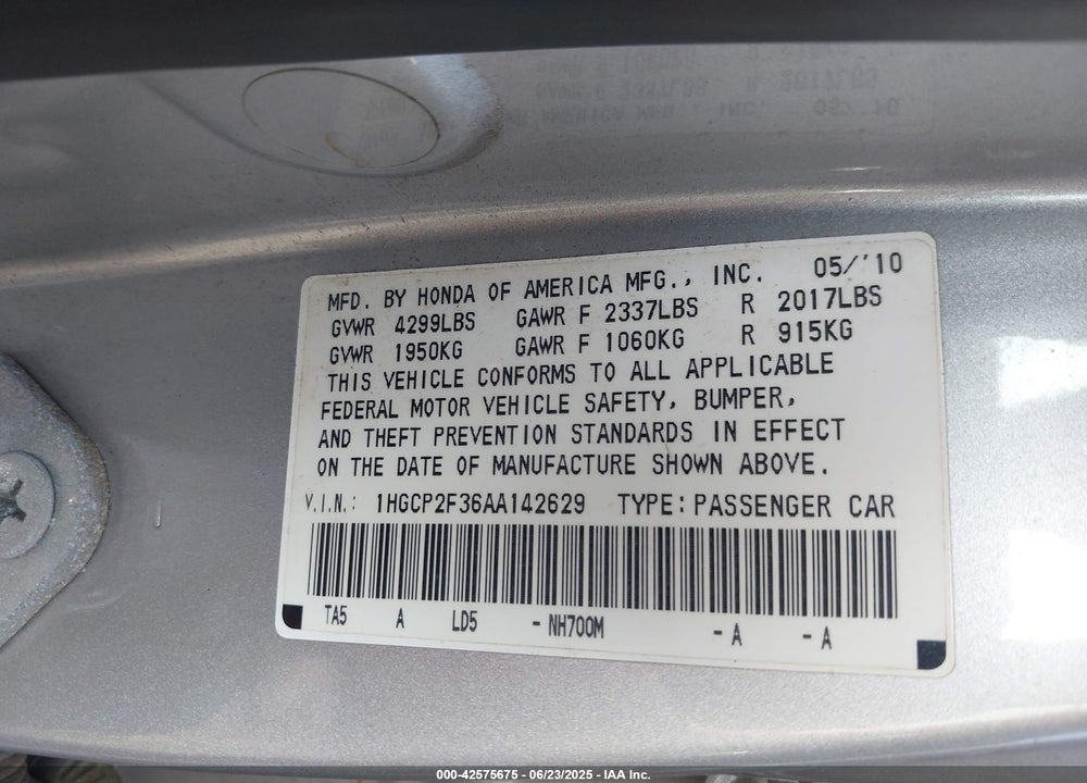 2010 HONDA ACCORD 2.4 LX VIN: 1HGCP2F36AA142629