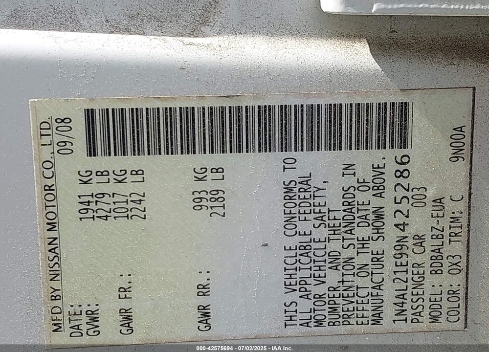 2009 NISSAN ALTIMA VIN: 1N4AL21E99N425286