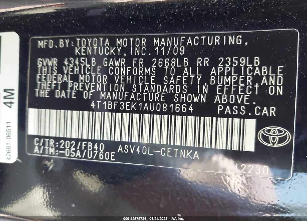 2010 TOYOTA CAMRY VIN: 4T1BF3EK1AU081664