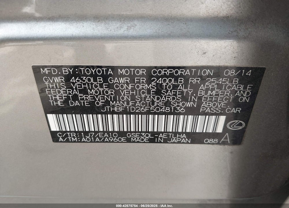 2015 LEXUS IS250 VIN: JTHBF1D26F5048136