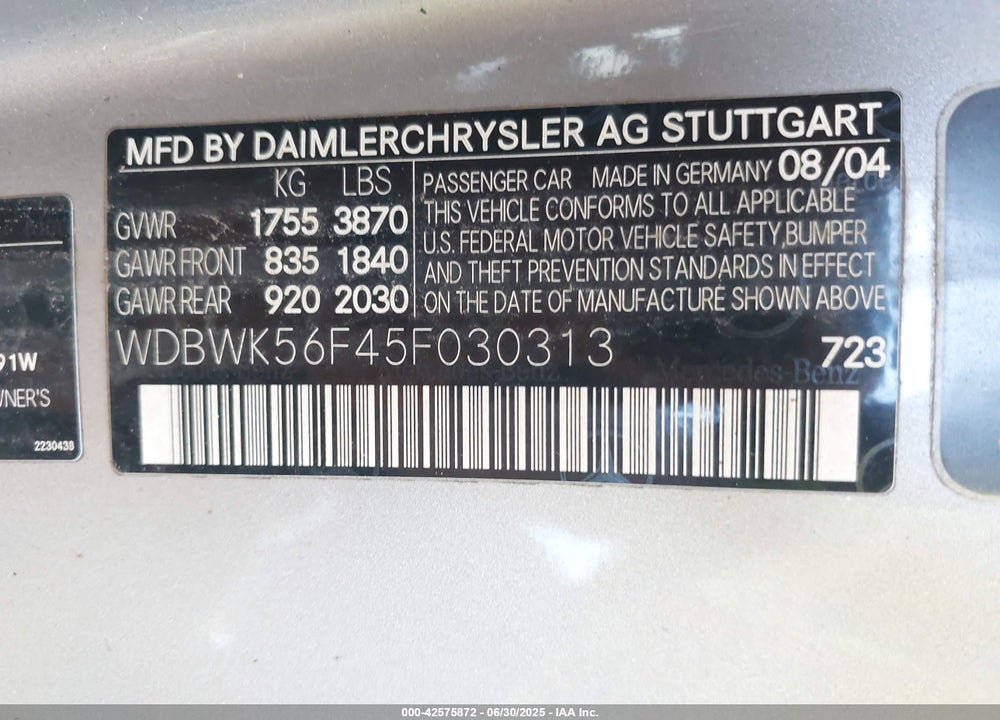 2005 MERCEDES-BENZ SLK 350 VIN: WDBWK56F45F030313