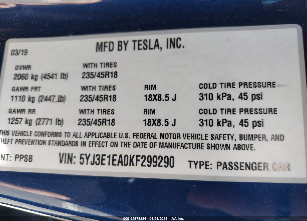 2019 TESLA MODEL 3 LONG RANGE/MID RANGE/STANDARD RANGE/STANDARD RANGE PLUS VIN: 5YJ3E1EA0KF299290