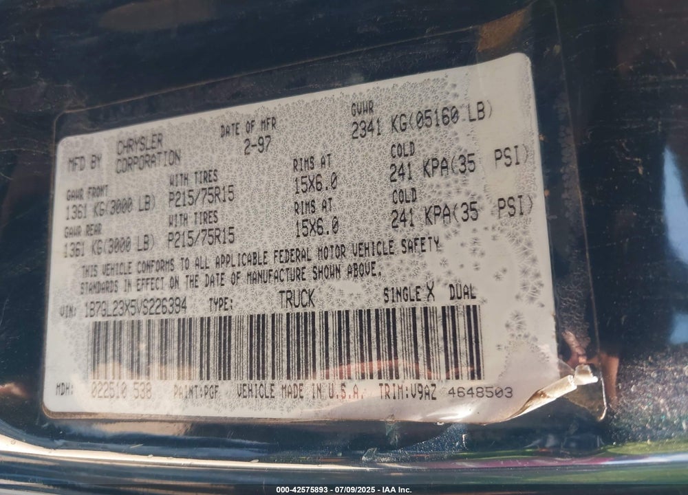 1997 DODGE DAKOTA SLT/SPORT VIN: 1B7GL23X5VS226394