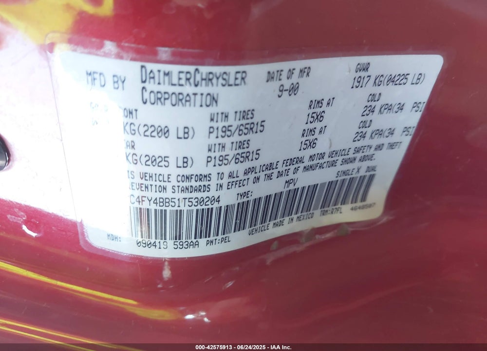 2001 CHRYSLER PT CRUISER VIN: 3C4FY4BB51T530204